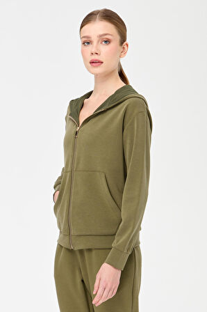 Kadın Kapüşonlu Fileli Yan Cepli Sweat Haki