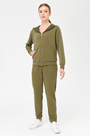 Kadın Kapüşonlu Fileli Yan Cepli Sweat Haki