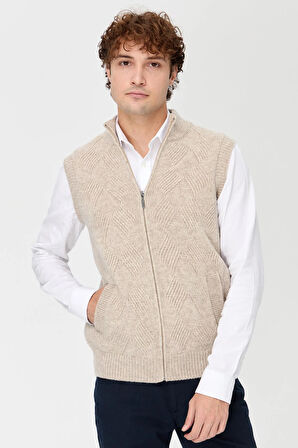 Erkek Dik Yaka Baklava Desenli Yün Yelek V.Bej