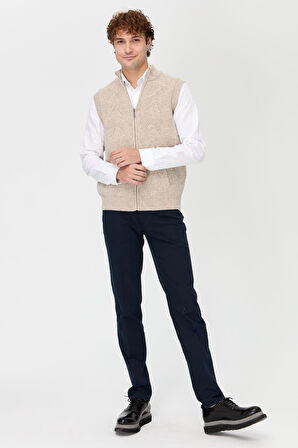 Erkek Dik Yaka Baklava Desenli Yün Yelek V.Bej