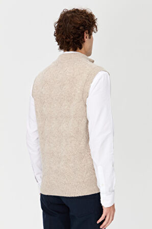 Erkek Dik Yaka Baklava Desenli Yün Yelek V.Bej