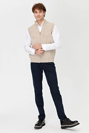 Erkek Dik Yaka Baklava Desenli Yün Yelek V.Bej