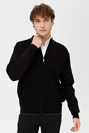 Erkek Hakim Yaka Çelik Örgü Yün Triko Mont Siyah