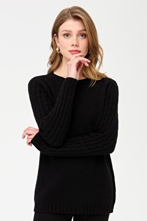 Kadın Sıfır Yaka Kolu Saç Örgü Yün Kazak Siyah