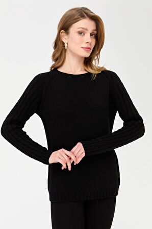 Kadın Sıfır Yaka Kolu Saç Örgü Yün Kazak Siyah