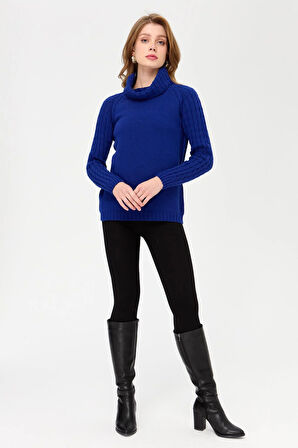 Kadın Degaje Yaka Kolu ve Yakası Saç Örgü Yün Kazak K.S.Mavi