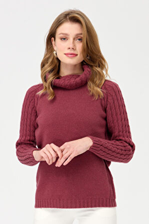 Kadın Degaje Yaka Kolu ve Yakası Saç Örgü Yün Kazak K.G.Kurusu