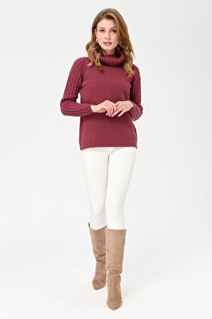 Kadın Degaje Yaka Kolu ve Yakası Saç Örgü Yün Kazak K.G.Kurusu