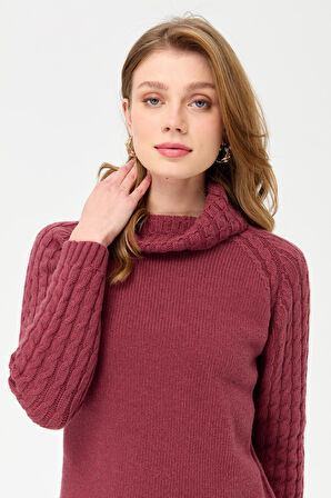 Kadın Degaje Yaka Kolu ve Yakası Saç Örgü Yün Kazak K.G.Kurusu