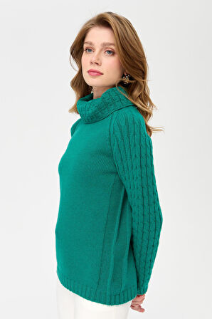 Kadın Degaje Yaka Kolu ve Yakası Saç Örgü Yün Kazak A.Ö.Başı