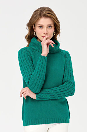 Kadın Degaje Yaka Kolu ve Yakası Saç Örgü Yün Kazak A.Ö.Başı