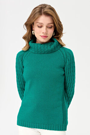 Kadın Degaje Yaka Kolu ve Yakası Saç Örgü Yün Kazak A.Ö.Başı