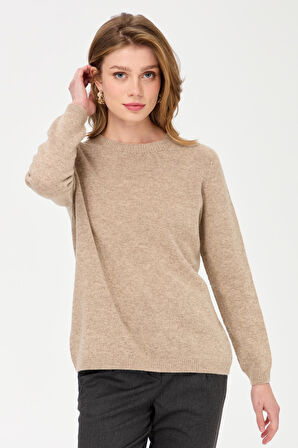 Kadın Sıfır Yaka Klasik Yün Kazak K.Bej