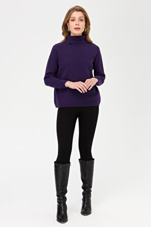 Kadın Tam Balıkçı Yaka Klasik Yün Kazak K.Mor