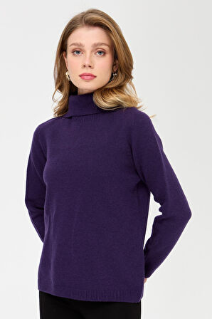 Kadın Tam Balıkçı Yaka Klasik Yün Kazak K.Mor