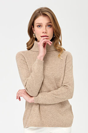 Kadın Tam Balıkçı Yaka Klasik Yün Kazak K.Bej