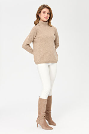 Kadın Tam Balıkçı Yaka Klasik Yün Kazak K.Bej