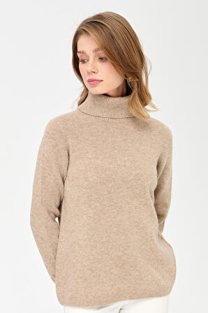 Kadın Tam Balıkçı Yaka Klasik Yün Kazak K.Bej