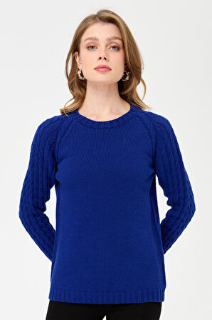 Kadın Sıfır Yaka Kolu Saç Örgü Yün Kazak K.S.Mavi