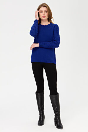 Kadın Sıfır Yaka Kolu Saç Örgü Yün Kazak K.S.Mavi