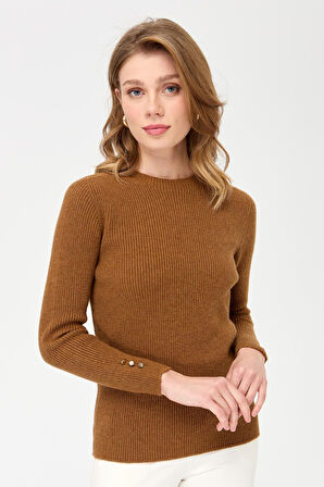 Kadın Sıfır Yaka Kol Ucu Düğmeli Yün Kazak K.taba