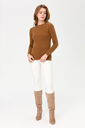 Kadın Sıfır Yaka Kol Ucu Düğmeli Yün Kazak K.taba