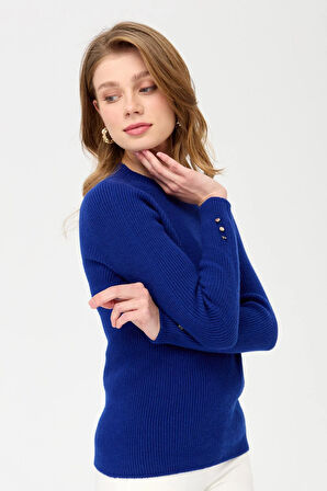 Kadın Sıfır Yaka Kol Ucu Düğmeli Yün Kazak K.S.Mavi