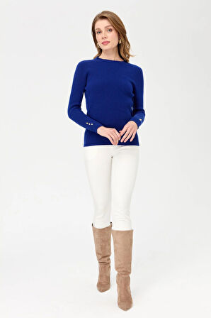 Kadın Sıfır Yaka Kol Ucu Düğmeli Yün Kazak K.S.Mavi