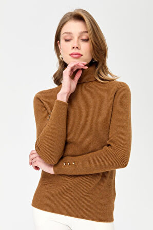 Kadın Tam Balıkçı Yaka Kol Ucu Düğmeli Yün Kazak K.taba