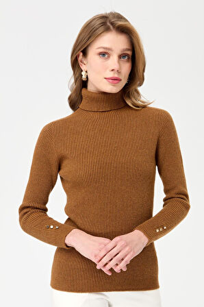 Kadın Tam Balıkçı Yaka Kol Ucu Düğmeli Yün Kazak K.taba