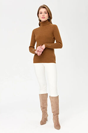 Kadın Tam Balıkçı Yaka Kol Ucu Düğmeli Yün Kazak K.taba