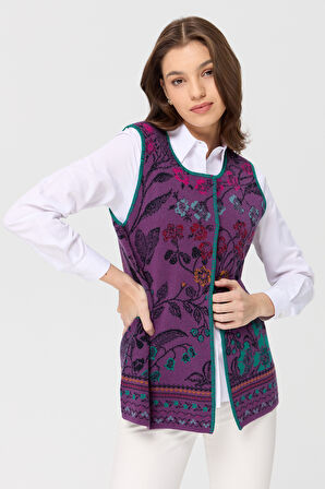 Kadın Sıfır Yaka Sarmaşık Desenli Yün Yelek A.Mor