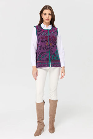 Kadın Sıfır Yaka Sarmaşık Desenli Yün Yelek A.Mor