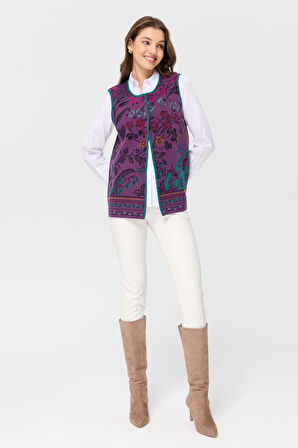 Kadın Sıfır Yaka Sarmaşık Desenli Yün Yelek A.Mor