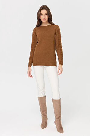 Kadın Sıfır Yaka Kolu Saç Örgü Yün Kazak K.taba