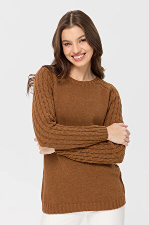 Kadın Sıfır Yaka Kolu Saç Örgü Yün Kazak K.taba