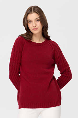 Kadın Sıfır Yaka Kolu Saç Örgü Yün Kazak V.Kırmızı