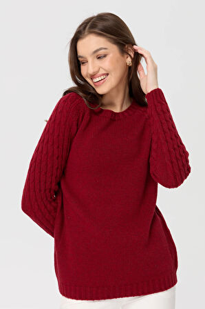 Kadın Sıfır Yaka Kolu Saç Örgü Yün Kazak V.Kırmızı