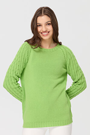 Kadın Sıfır Yaka Kolu Saç Örgü Yün Kazak A.E.Yeşili