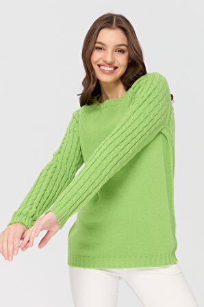 Kadın Sıfır Yaka Kolu Saç Örgü Yün Kazak A.E.Yeşili