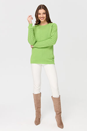Kadın Sıfır Yaka Kolu Saç Örgü Yün Kazak A.E.Yeşili