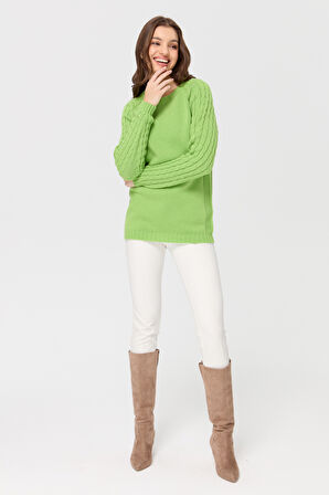 Kadın Sıfır Yaka Kolu Saç Örgü Yün Kazak A.E.Yeşili