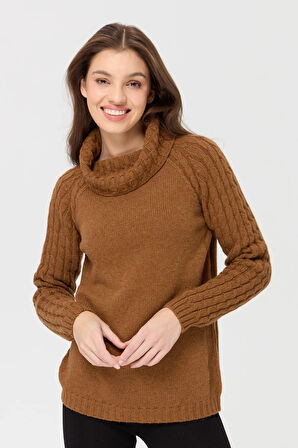 Kadın Degaje Yaka Kolu ve Yakası Saç Örgü Yün Kazak K.taba