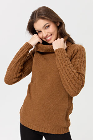 Kadın Degaje Yaka Kolu ve Yakası Saç Örgü Yün Kazak K.taba