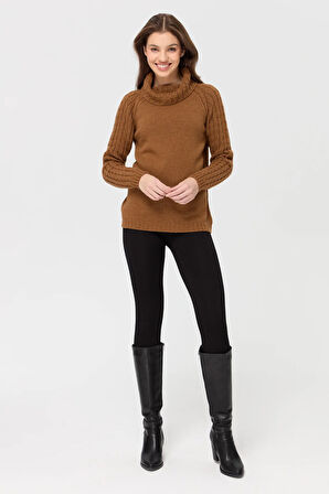 Kadın Degaje Yaka Kolu ve Yakası Saç Örgü Yün Kazak K.taba