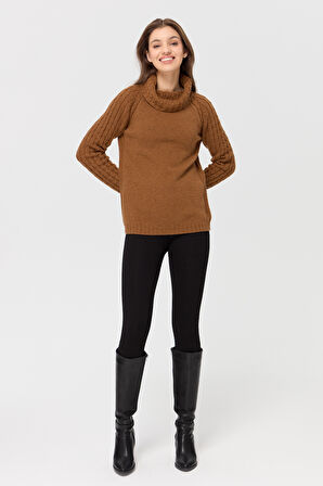 Kadın Degaje Yaka Kolu ve Yakası Saç Örgü Yün Kazak K.taba