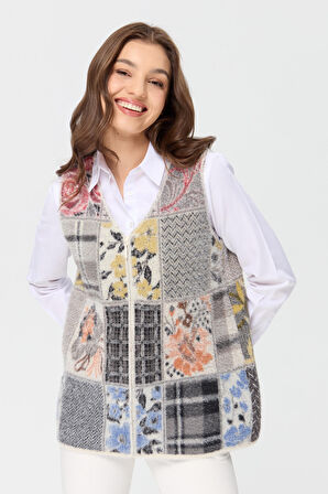 Kadın V Yaka Patchwork Yelek Kemik