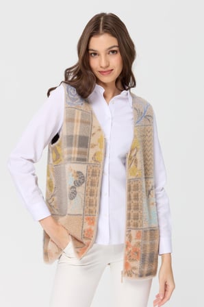 Kadın V Yaka Patchwork Yelek Bej