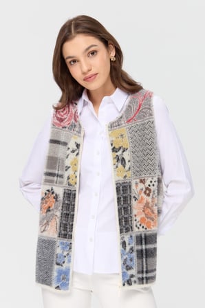 Kadın Sıfır Yaka Patchwork Yelek Kemik
