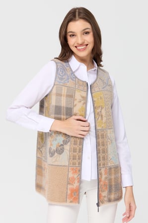 Kadın Sıfır Yaka Patchwork Yelek Bej